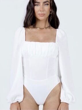 Princess Polly White Square Neck Long Sleeve Bodysuit with Puff Sleeves